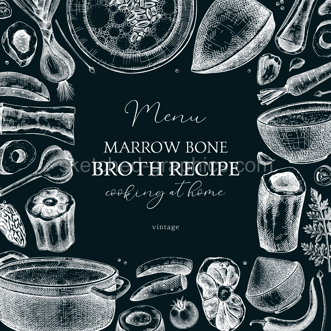 Healthy food background. Marrow bone broth frame. Hot soup on plates, pans, bowls, organ meat, vegetables, marrow bones sketches. Hand drawn vector illustrations. Homemade food on chalkboard Illustration